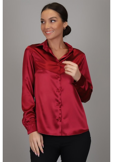 Sweetness Kadın Bordo Saten Uzun Kol Abiye Gömlek Bordo