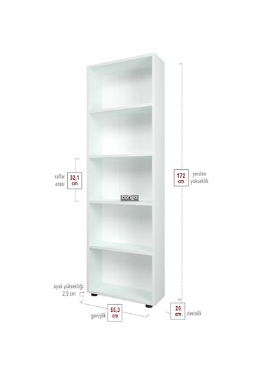 Bofigo Dekoratif 5 Raflı Kitaplık Modern Kitaplık Çınar Beyaz