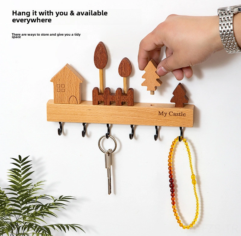 Fosenze Ahşap Anahtar Tutucu Duvar Tipi, Giriş Kapısı Nordik Stili, Delme Yok Kurulum, 6 Adet Kanca, Turuncu-yeşil Yeni Model