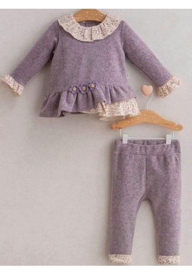 Kız Bebek Çiçek Desenli 2 Li Takım-15268 Mor