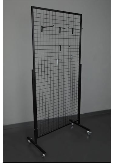 Tekerlekli Sık Telli Tel Raf - Tel Pano Stand, Duvar Askılığı 60x190 Cm Siyah