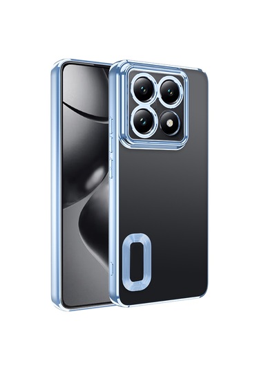Xiaomi Mi 14t Pro Kılıf Parlak Kenarlı Logo Çerçeveli Kamera Korumalı Omega Silikon Kılıf Mavi
