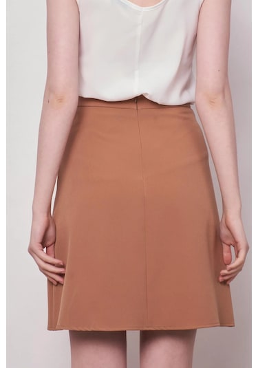 Yüksek Bel Hafif Likralı Kumaş Diz Boy Çan Etek-camel CAMEL