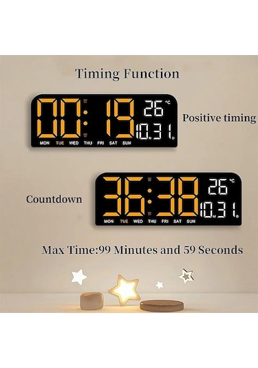 Turuncu 9" Büyük Dijital Sıcaklık Tarih Hafta Zamanlama Geri Sayım Işığa Duyarlı Masa Saati Led Çalar Saat