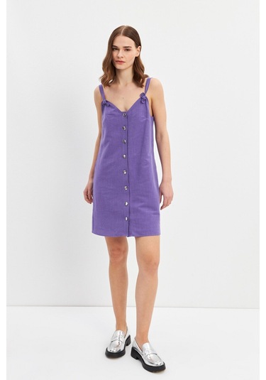 Stella Pulvis Mor Askılı Keten Mini Elbise Mor