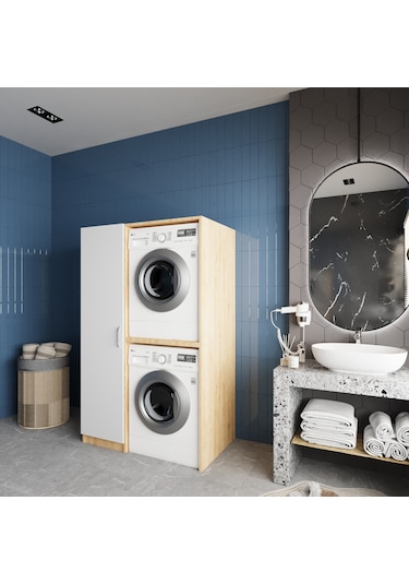 Almera Çamaşır Ve Kurutma Makinesi Dolabı Banyo Dolabı Meşe Beyaz Beyaz - Meşe