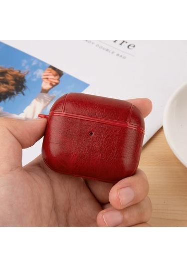 Airpods Pro 3 2025 Uyumlu Lüx Deri Suni Deri Kılıf 360 Koruma+kanca Bordo