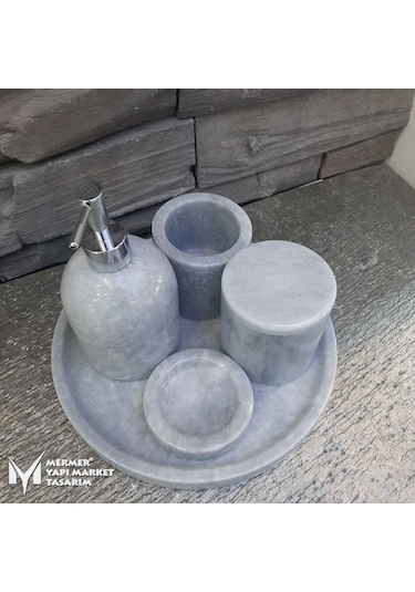 Gri Mermer 5 Parça Banyo Seti Gri