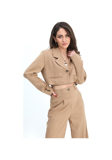 Ceket Kısa Vatkalı Fleto Cepli Çizgili - Camel-camel Camel