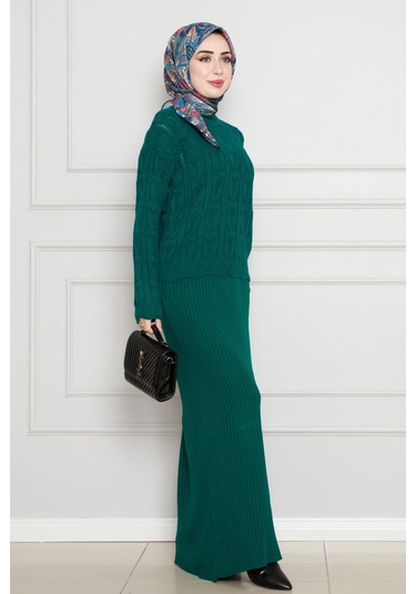 Dantel İşlemeli Jileli Triko Takım-zümrüt Yeşili-4437 Zümrüt Yeşili