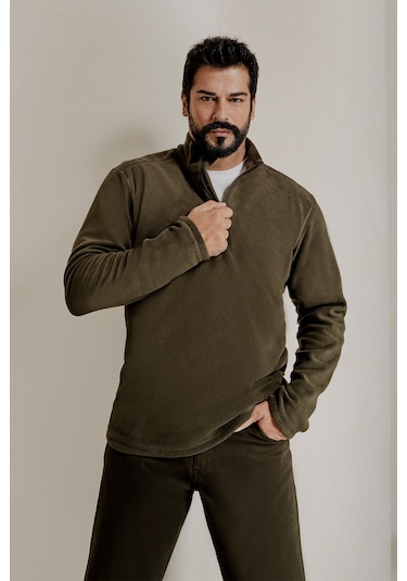 Erkek Hakı Anti-pilling Tüylenme Yapmayan Standart Fit Dik Yaka Polar Sweatshirt Haki