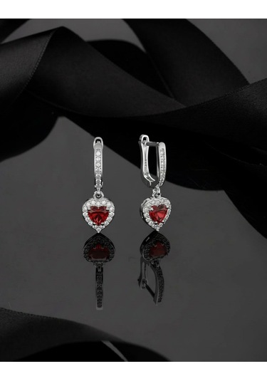 925 Ayar Lal Taşlı Rodyum Pırlanta Işıltılı Sallantılı Kalp Gümüş Küpe Gümüş