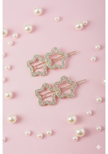 İkili Yıldız Şekilli Metal Toka, Metal Klipsli İkili Yıldız Toka 2 Adet Altın