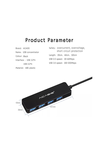 Cbtx Acasıs Ab2-l412 1.2m Kablo 4 Bağlantı Noktalı Usb2.0 Hub 480mbps Veri İletimi Usb Hub Ayırıcı