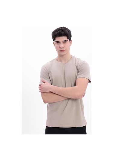 Freemen Erkek/unisex Bisiklet Yaka Basic Tişört %100 Pamuk Bej