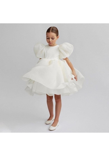 Balon Kollu Organze Tasarım Abiye - Kristal Tüllü Organze