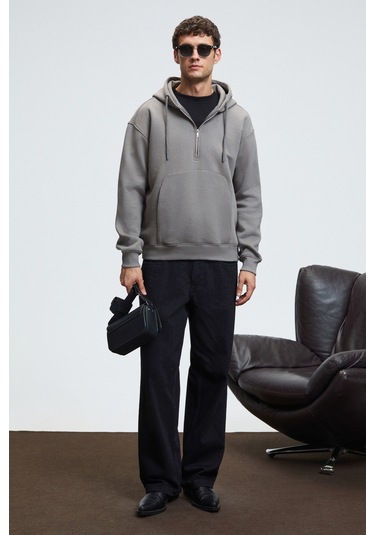 JUSTUS Erkek Kapüşonlu Kanguru Cepli Fermuar Yakalı Koyu Gri Sweatshirt