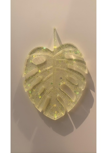 Transparan Sarı Renk Glitterli Epoksi Bardak Altlığı Yaprak Desen Sarı