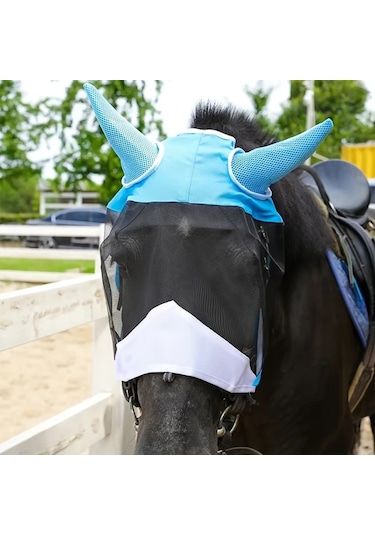 Elmpaly Havalı File Sinek Maskesi, Kulaklıklı, Mavi L, Büyük At İçin Çıkarılabilir Rahip Maskesi.