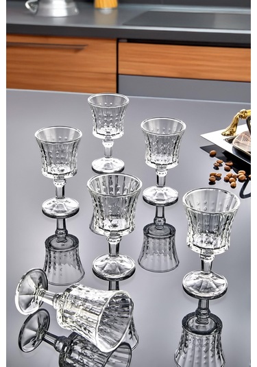 Modern Çizgili Desenli 6 Lı Ayaklı Cam Kahve Yanı Su Bardak Seti Takımı Şeffaf