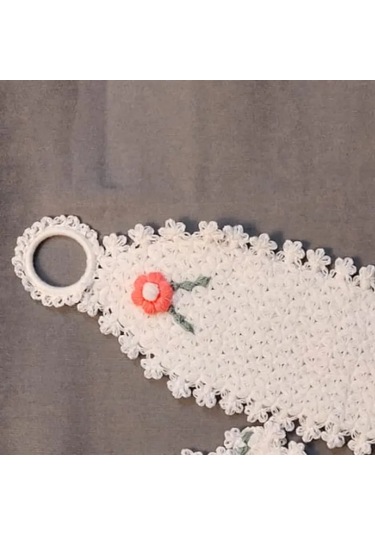 Uretti - Kenan 2196 - 8739 El Örgüsü Pembe Çiçek Motifli Beyaz 3'lü Lif Seti