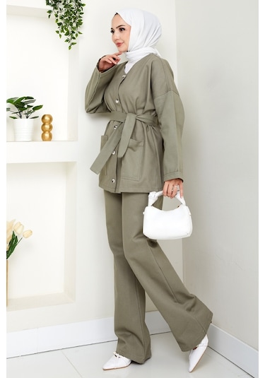 Kemerli Ceket Pantolon Gabardin Takım 1557 - Mint Mint Yeşili