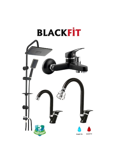 Siyah Tepe Duş Seti Yağmurlama Duş Robotu Çift Su Girişli Banyo Lavabo Bataryası Mutfak Çeşmesi Siyah