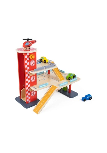 Ahşap Otopark Arabalar Asansörlü Helikopterli Garaj Oyun Seti