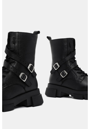 Leah Kadın Siyah Gerçek Deri Tokalı Postal Bot Siyah