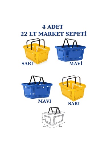 4 adet 22Litre Market ve Alışveriş Sepeti, Saplı Market Sepeti R