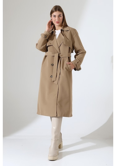 Amazon Keten Kumaş Uzun Boy Düğmeli Astarlı Yumuşak Dokulu Trenç Kot Vizon Vizon