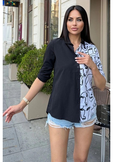 Kadın Siyah Desenli İki Renkli Uzun Kol Regular Kesim Standart Boy Gömlek Siyah