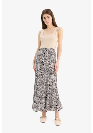 DeFacto A Kesim Leopar Desenli Normal Bel Midi Saten Etek E7486AX25SPER68 Ekru