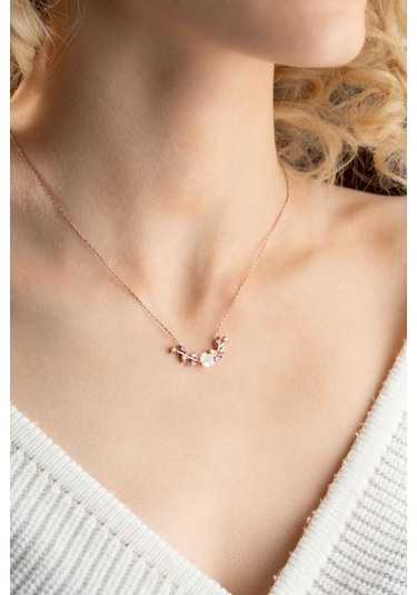 Nereze 925 Ayar Gümüş Mor Taşlı Manolya Çiçeği Zeytin Dalı Model Kolye