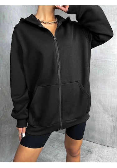 Adrift Unisex Renkli Oversize Kapüşonlu Fermuarlı Hırka Siyah