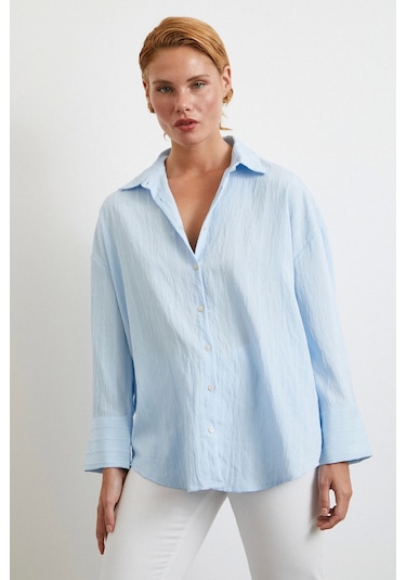 Kabartma Çizgili Oversize Gömlek Mavi Mavi