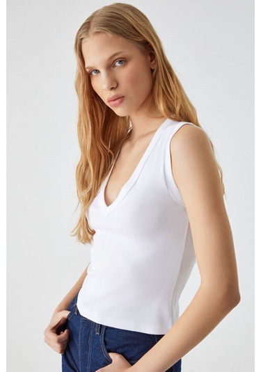 GRIMELANGE Lescosa Kadın Slim V Yaka Kolsuz Beyaz T-shirt Beyaz