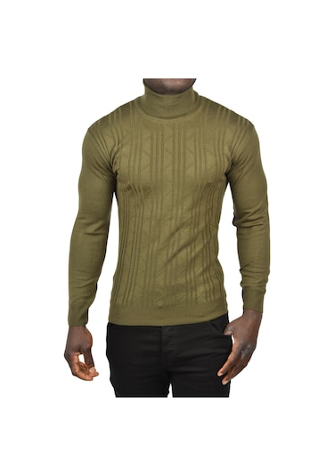 Deepsea Erkek Haki Çizgi Desenli Slim Kesim Tam Balıkçı Yaka Triko Boğazlı Kazak 2505509 Haki