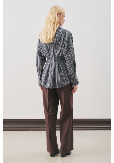 Pile Detaylı Gömlek Kahve Çizgili Aw25gml00006-596 Kahve Çizgili