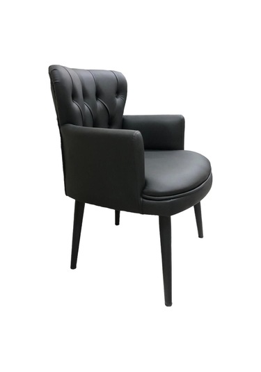 Garden House Tekli Siyah Deri Ahşap Ayaklı Ofis Koltuğu Kafe Koltuğu Sandalye Berjer Siyah