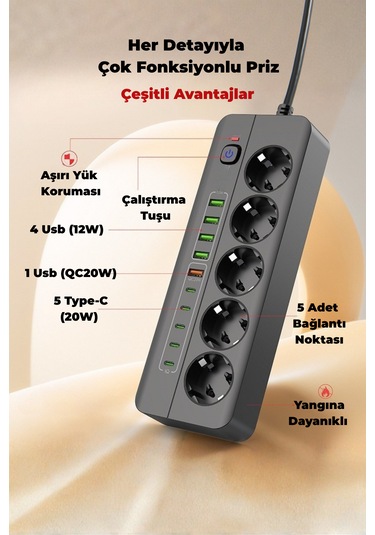 Pro P13 Siyah 3000w Akım Korumalı 5 Girişli Type-c Ve Usb Girişli Uzatmalı Grup Priz 0.2 M