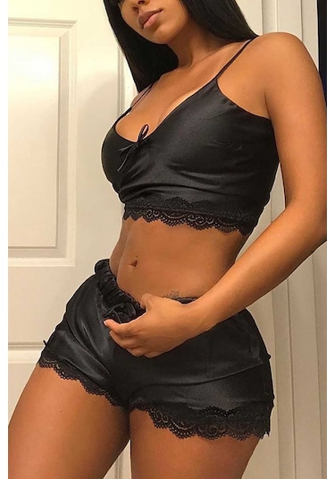 Merry See Saten Dantelli Şortlu Pijama Takım Siyah