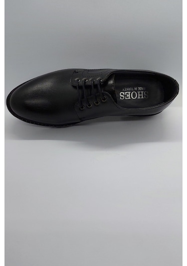 %100 El İşçiliği Rahat Taban Bağcıklı Siyah İmalat Deri Ayakkabı Siyah