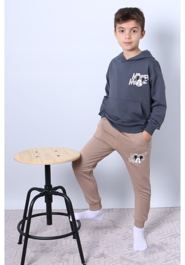 Erkek Çocuk Kapşonlu Eşofman Takımı Mickey Mouse Sırt Baskılı Ribanalı F3 Bej