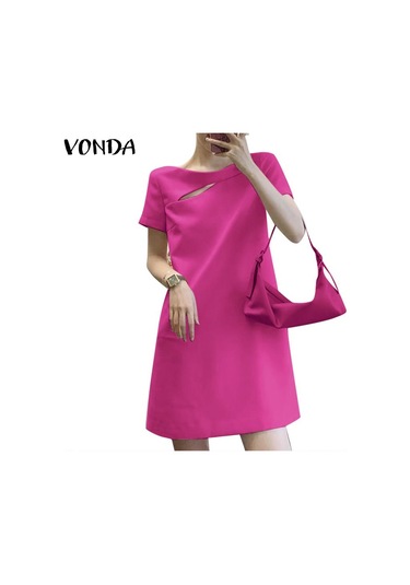 Beyaz Vonda Bayan Yaz Yuvarlak Yaka Kısa Kollu Yırtmaçlı İnci Düğme Düz Tek Renk Kısa Elbiseler