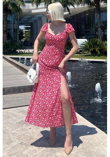 Madmext Kırmızı Desenli Yırtmaçlı Uzun Elbise Mg2004-kırmızı