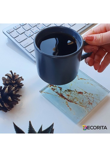 Cam Bardak Altlığı 4'lü Takım Gold Detaylı Beyaz Mermer Görünüm Beyaz