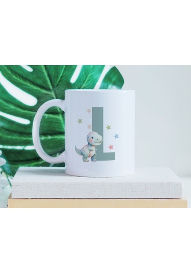 L Harfi Sevimli Dinozor Kupa Bardak - Açık Yeşil Yıldız Detaylı Dino Tasarım - Hediye Beyaz