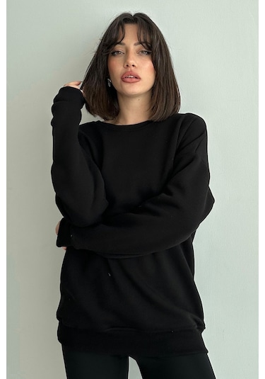 Kadın Siyah Bisiklet Yaka Oversize Sweatshirt Siyah