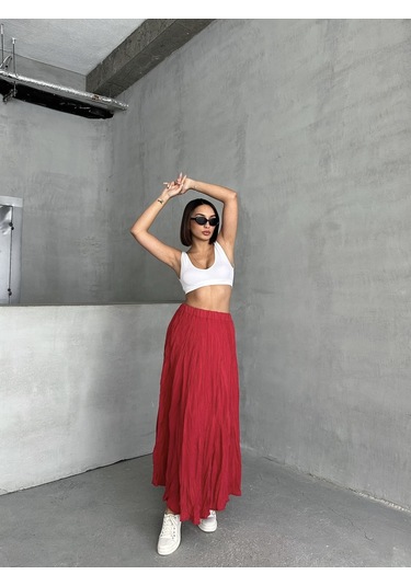 Kadın Buruşuk Modal Dokulu Soft Uzun Etek Kırmızı Kadın Buruşuk Modal Dokulu Soft Uzun Etek Kırmızı